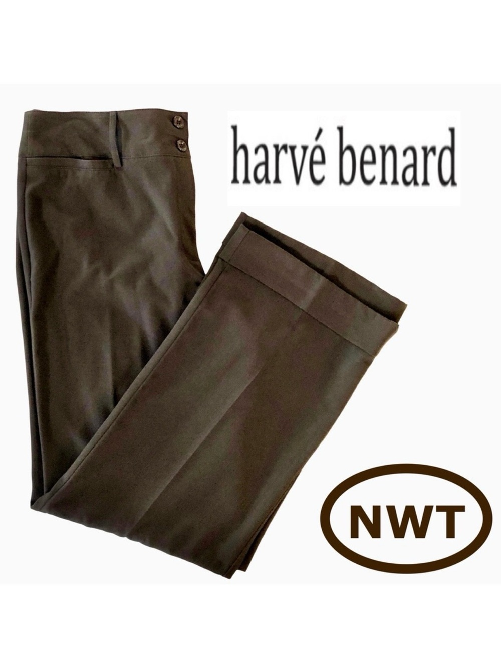 NWT Harvè Benard Brown Flare Cuffed Pants Wide Waistband Flat Front (14)